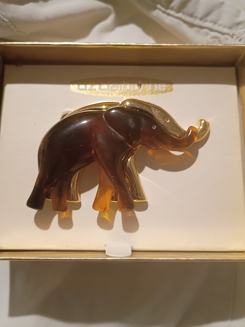 Vintage Liz Claiborne Brown Amber Elephant Brooch - Gold Trim EUC OBO